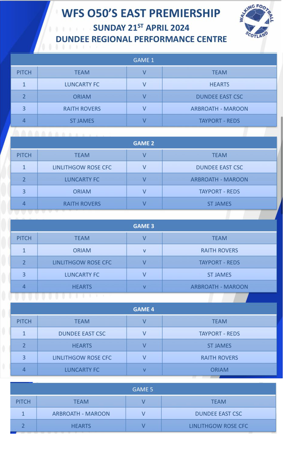 over 50s fixtures 21st april 2024 for the Premiership team