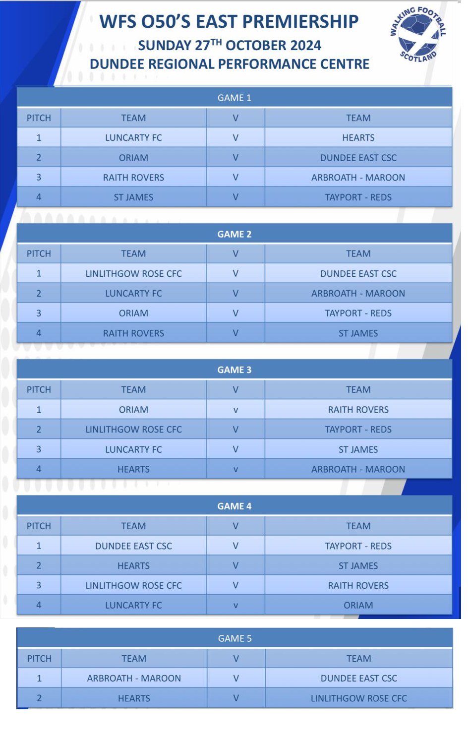 over 50s Fixtures 27 October 2024 for the Premiership team